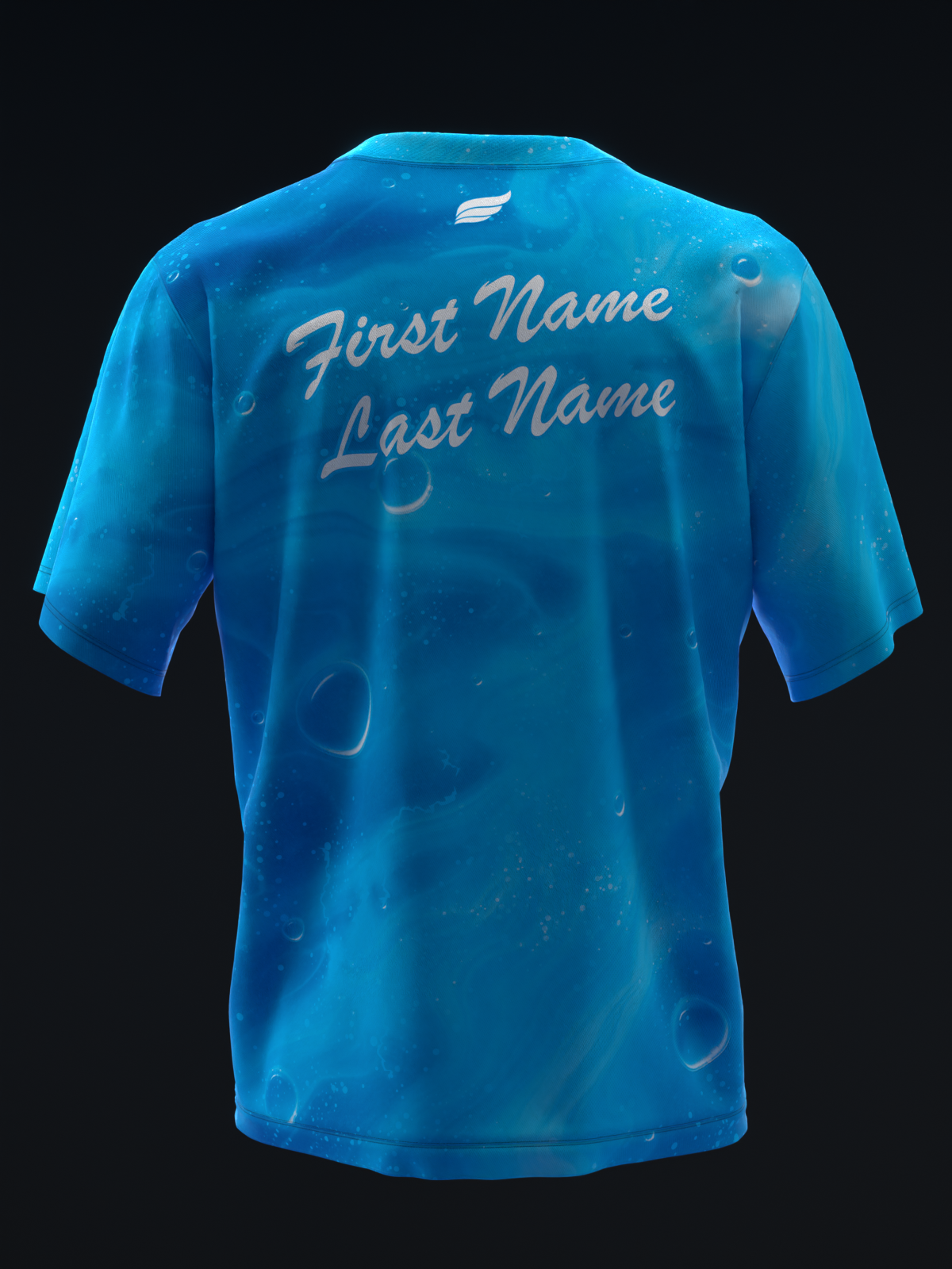 Bright blue bowling jersey back view with personalized name text in script
