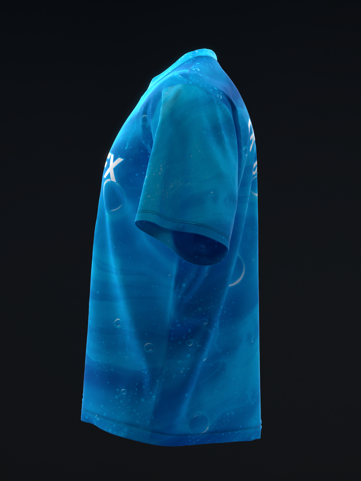 Bright blue bowling jersey with white star graphic on side view