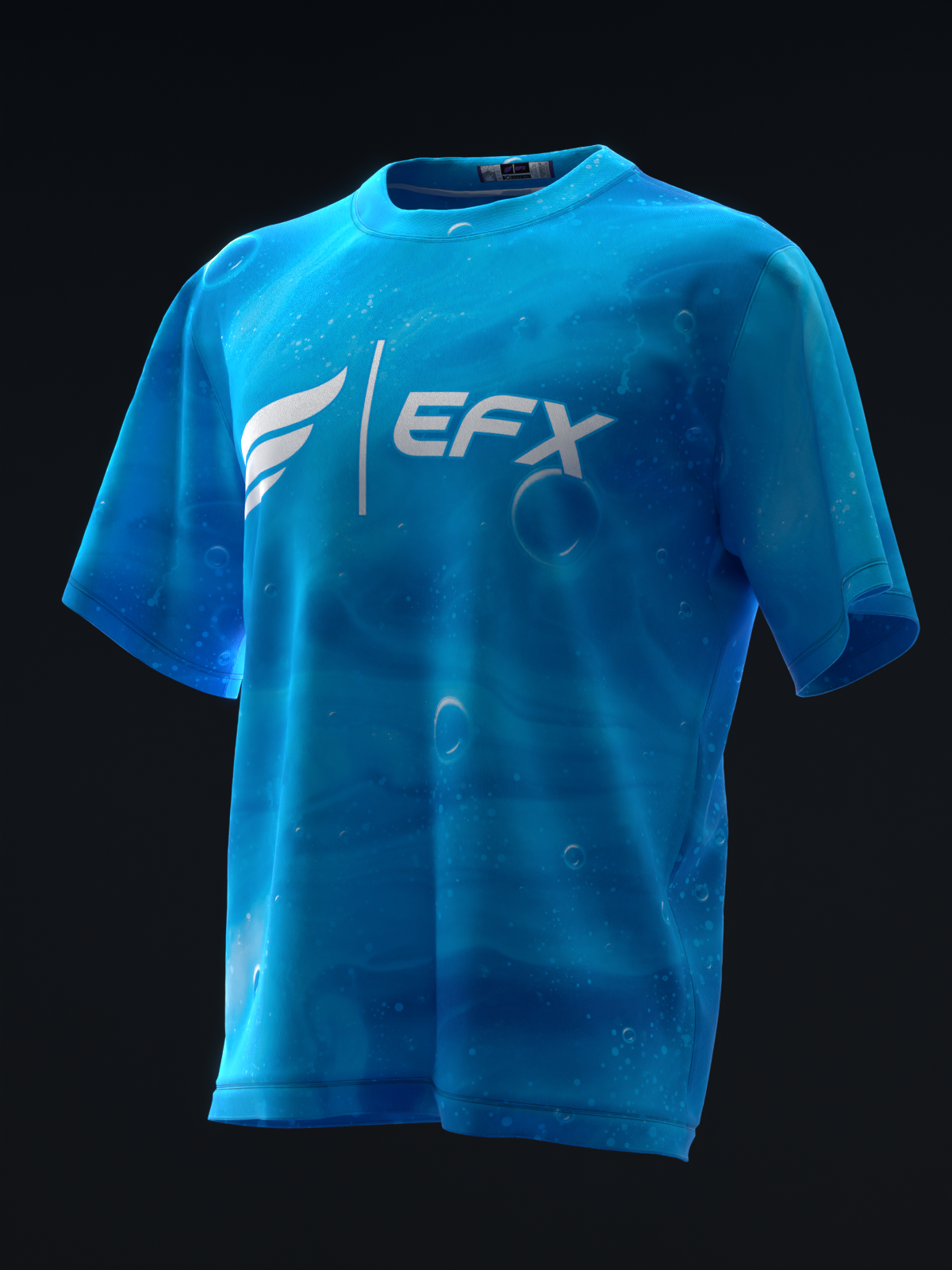 Bright blue bowling jersey front view with EFX logo and water droplet pattern