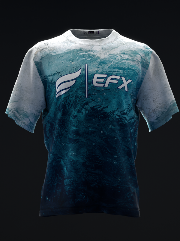 White to teal ombre bowling jersey with EFX logo and wing graphic