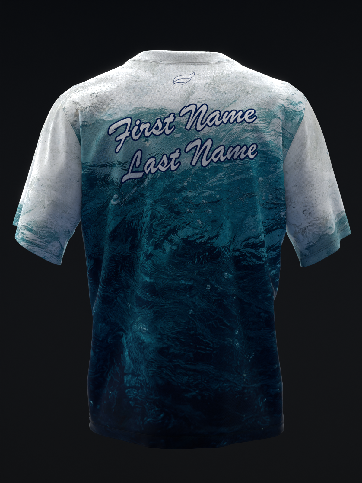 Back view of bowling jersey with white shoulders fading to teal ombre, personalized name text