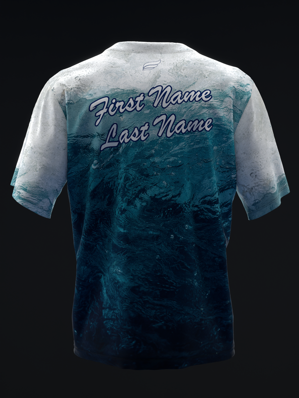 Back view of bowling jersey with white shoulders fading to teal ombre, personalized name text