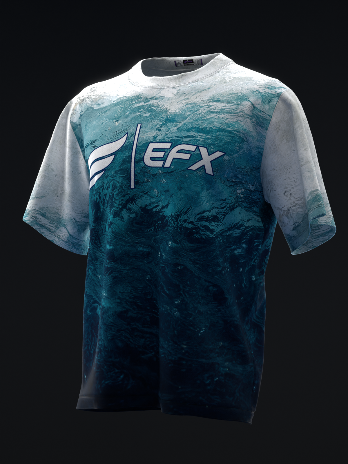 White and teal ombre bowling jersey with EFX logo on front