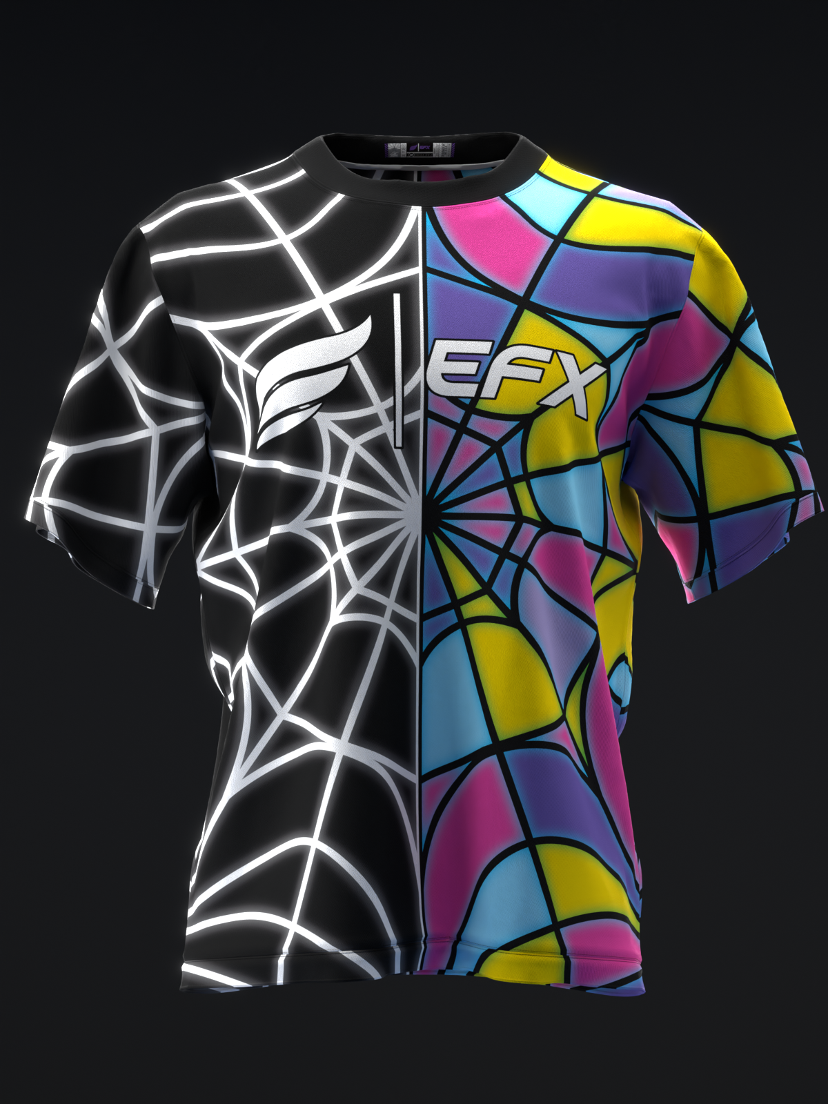 Front view bowling jersey with split black and white geometric pattern on left, colorful stained glass design on right with EFX logo