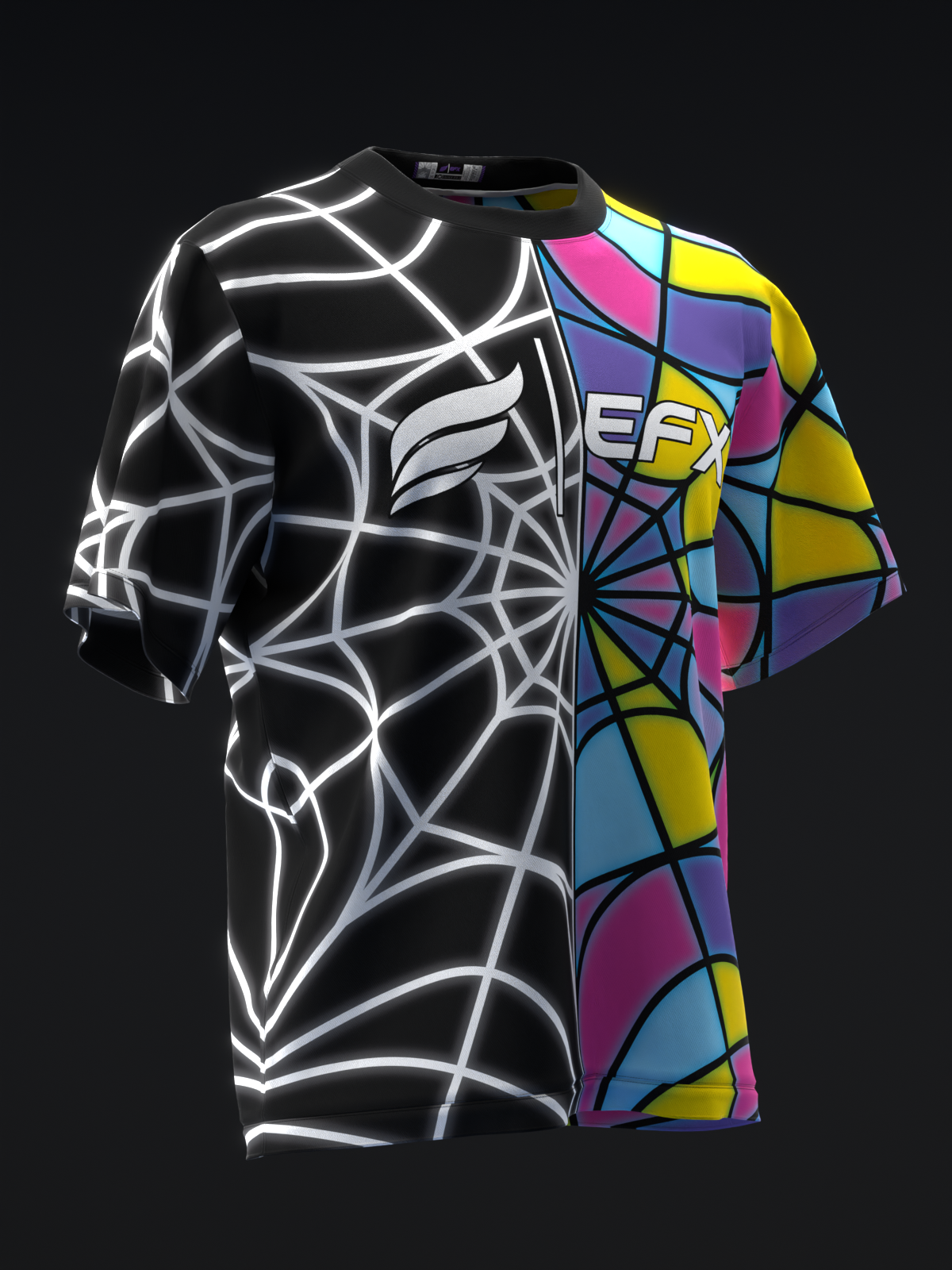 Black and white geometric bowling jersey with colorful stained glass pattern, front view