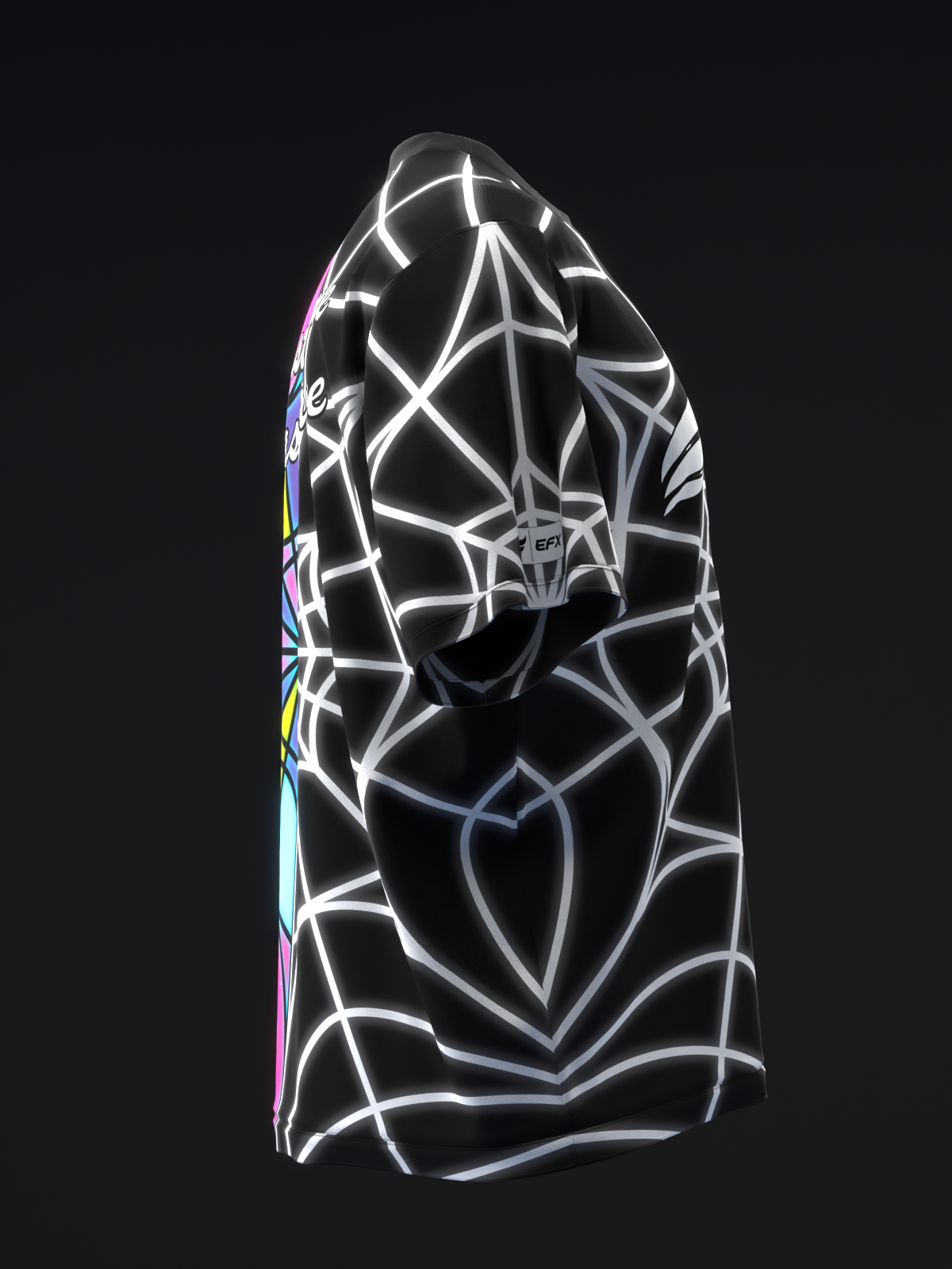 Black bowling jersey with white geometric neon line pattern, front view