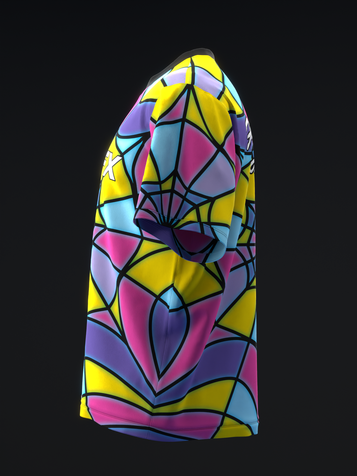 Colorful bowling jersey with stained glass pattern in yellow, pink, and blue