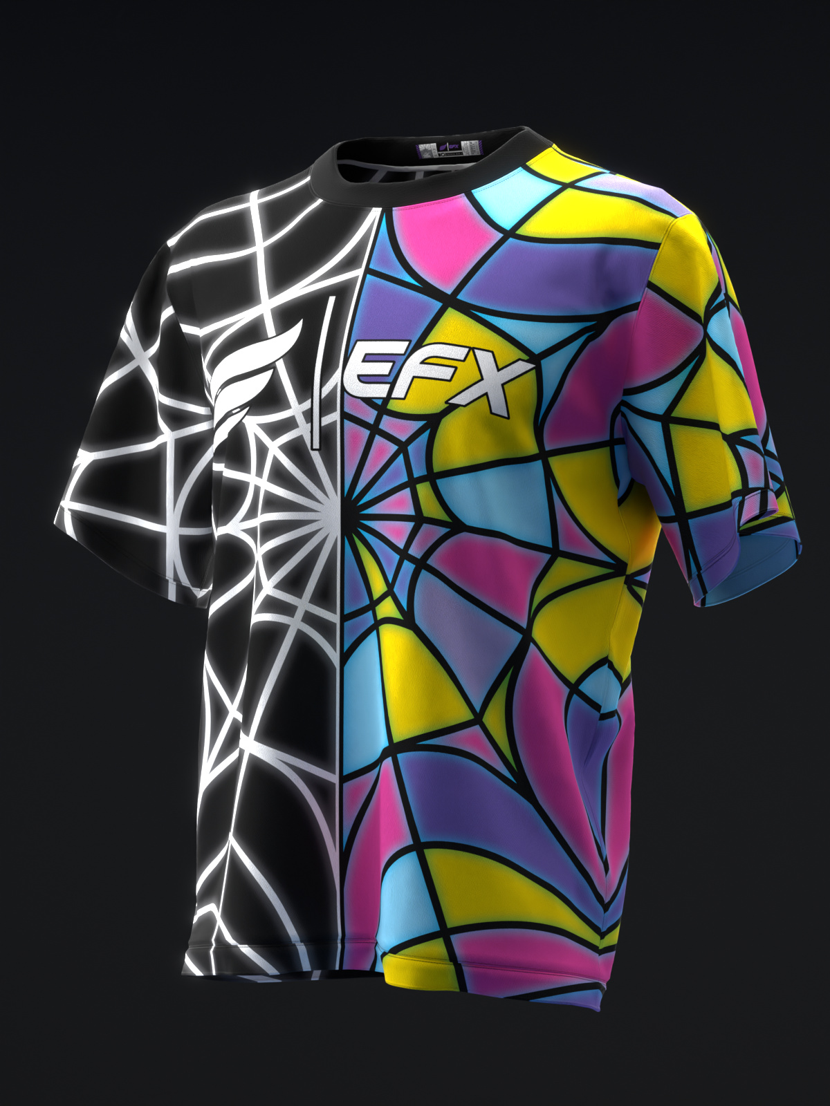 Black and colorful bowling jersey with geometric stained glass pattern and lightning design, front view