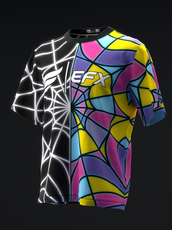 Black and colorful bowling jersey with geometric stained glass pattern and lightning design, front view