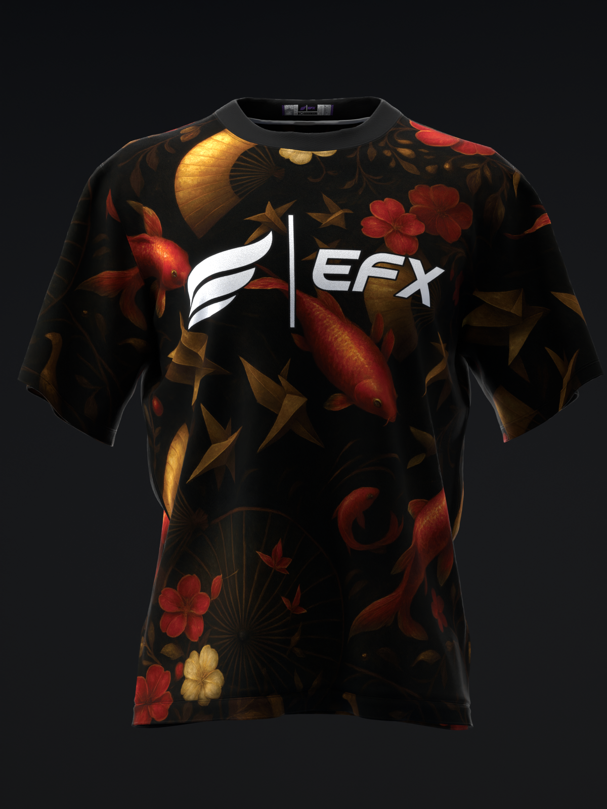Black bowling jersey with red and gold floral and koi fish pattern, EFX logo