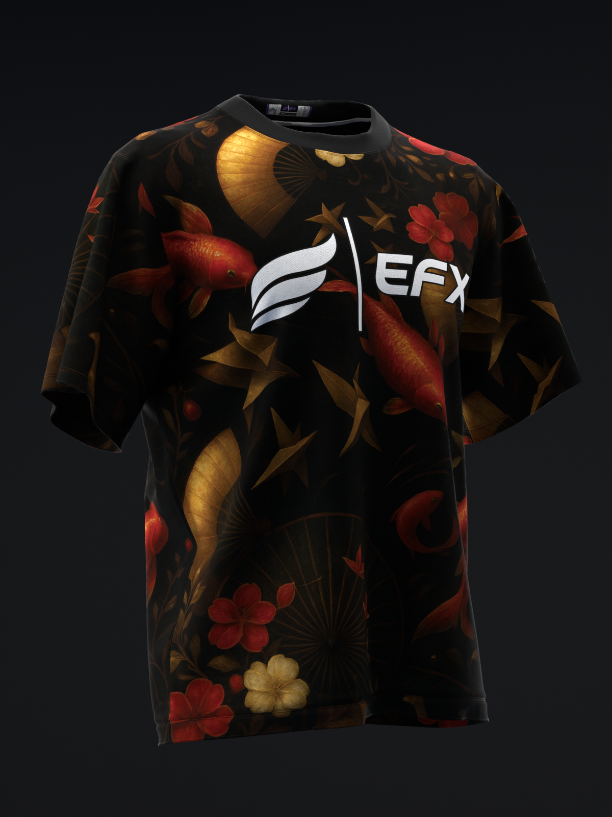 Black bowling jersey with red and gold koi fish and floral print, front view