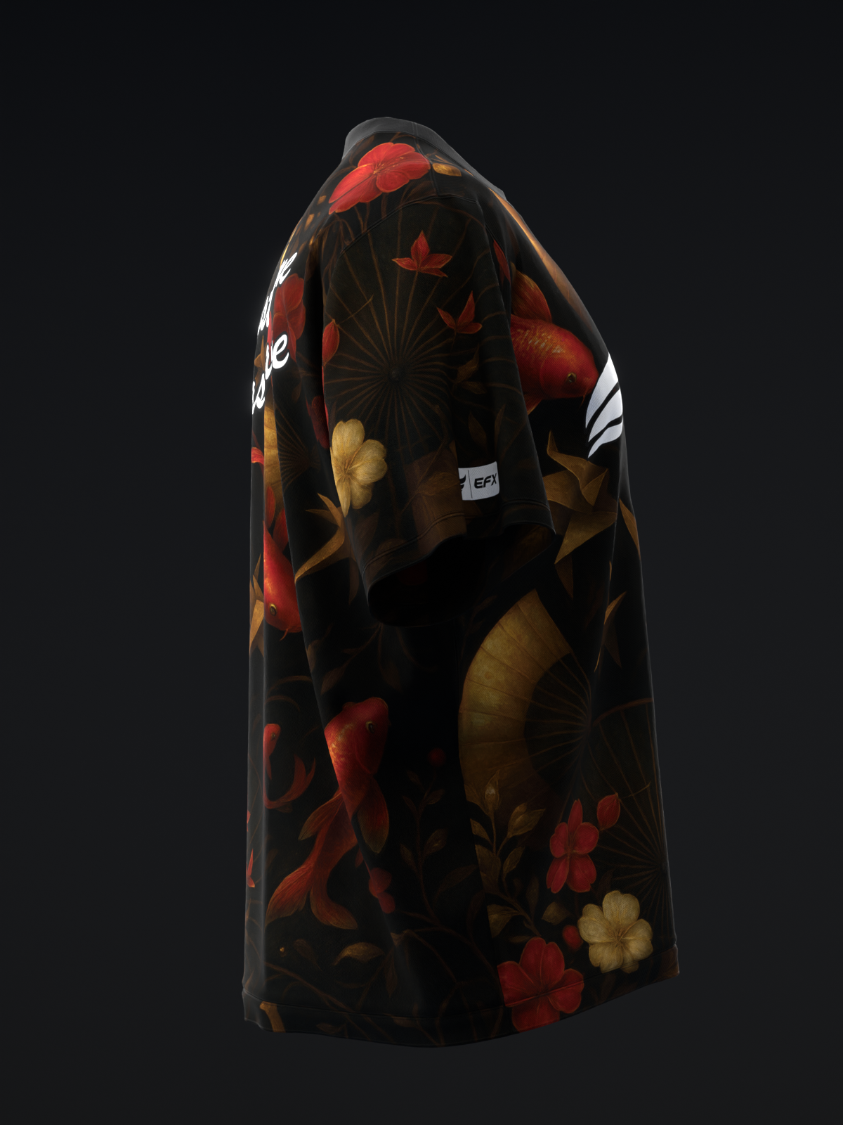 Black bowling jersey with red and gold koi fish and fan pattern design