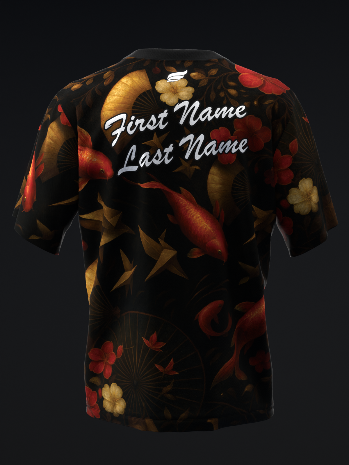 Black bowling jersey with red and gold koi fish pattern, back view with name customization