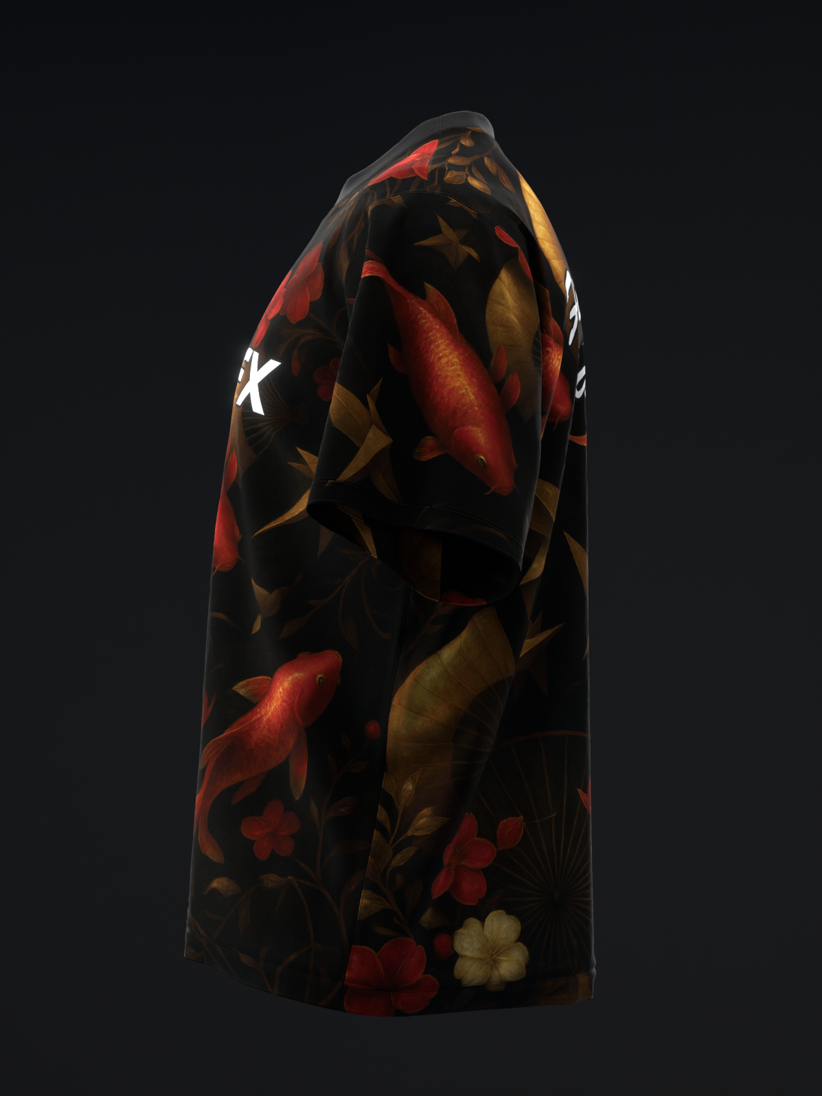 Black bowling jersey with red, gold, and white origami koi fish pattern