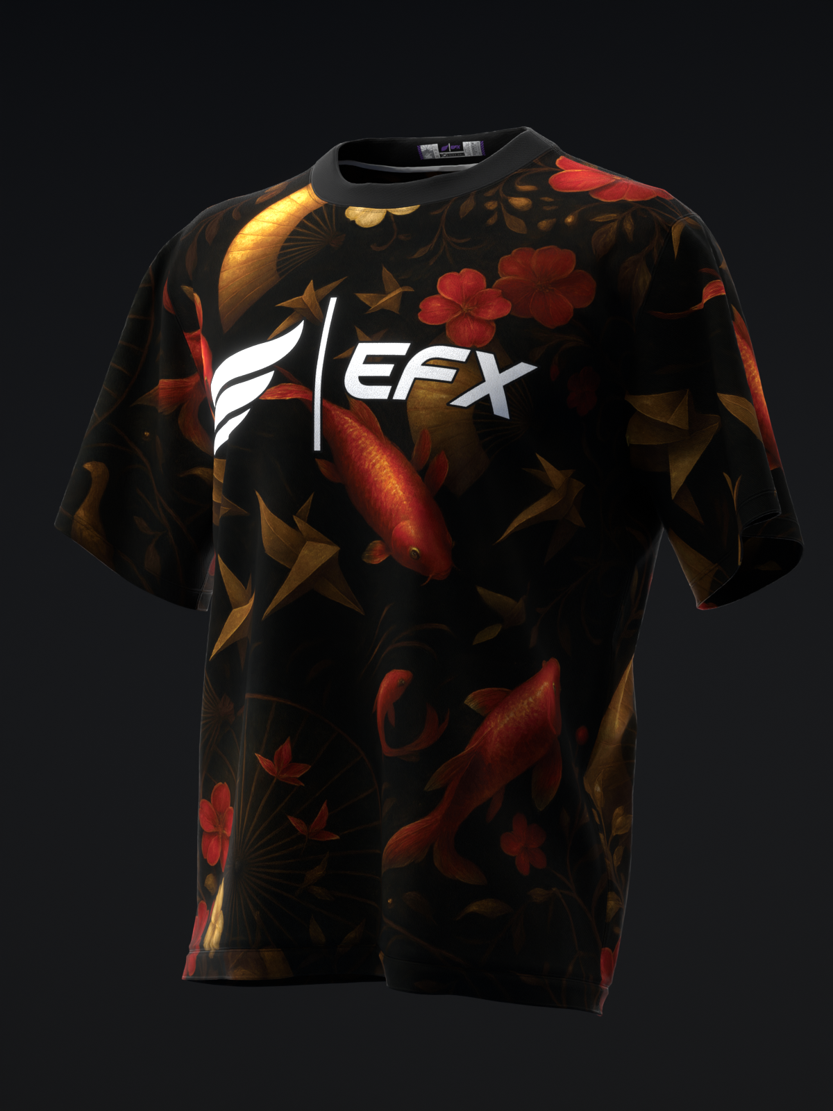 Black bowling jersey with red and gold koi fish and floral print design, front view