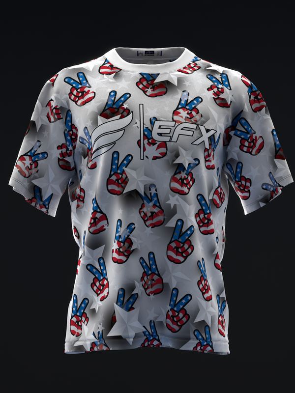 Gray bowling jersey with red and blue peace sign hand pattern throughout