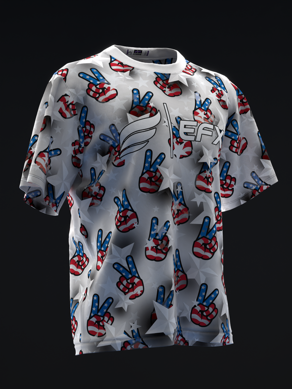 White bowling jersey with red and blue peace hand graphic pattern throughout