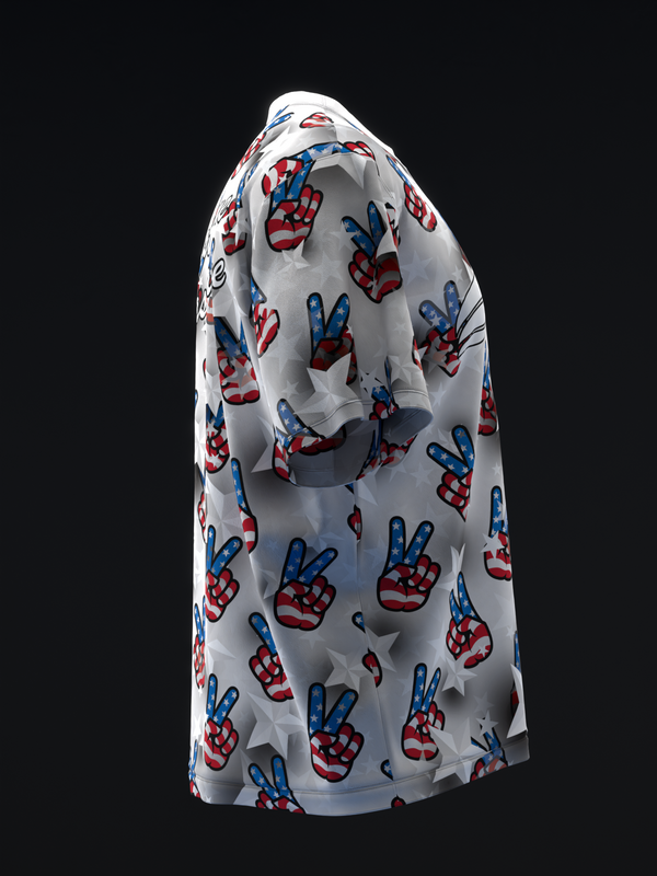 Gray bowling jersey with red and blue peace sign hand pattern, side view