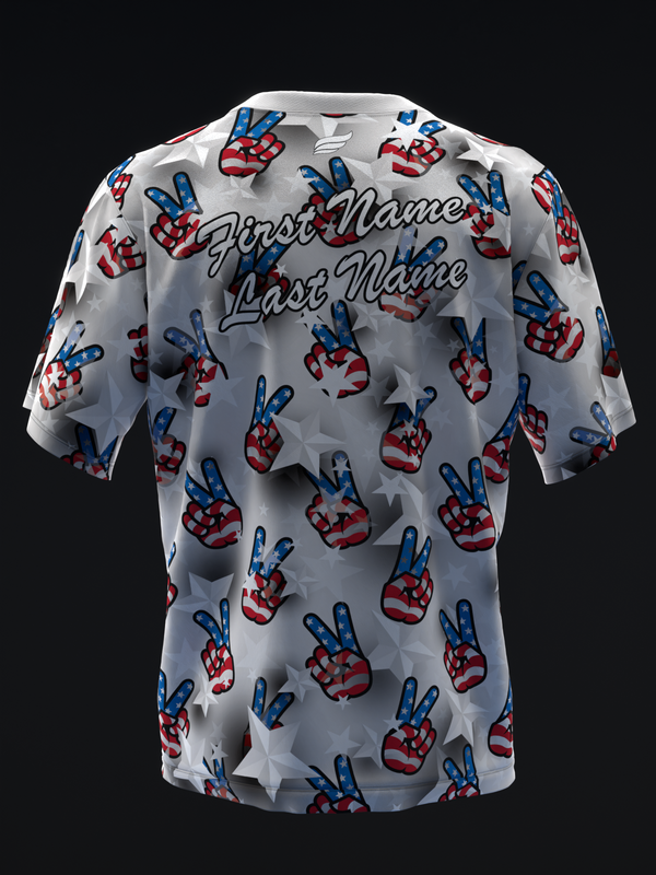 White bowling jersey with red and blue peace hand graphic pattern, back view