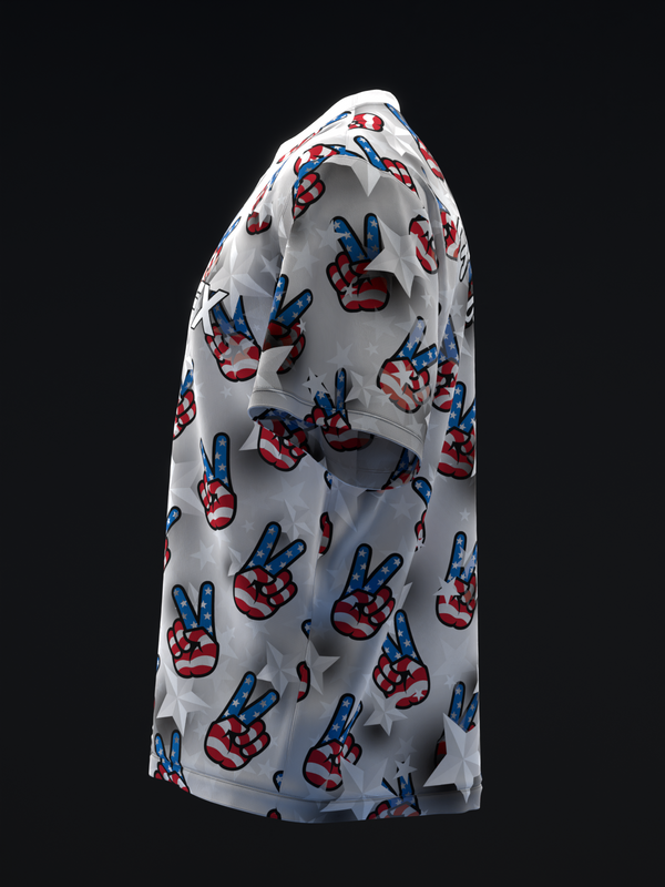 White bowling jersey with red and blue peace hand print pattern, side view