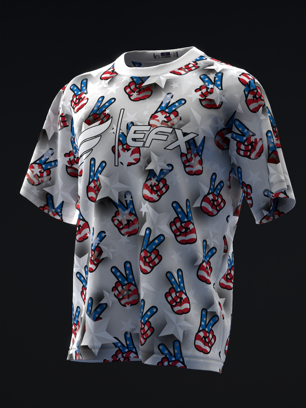 White bowling jersey with repeating red and blue peace hand graphic pattern, front view