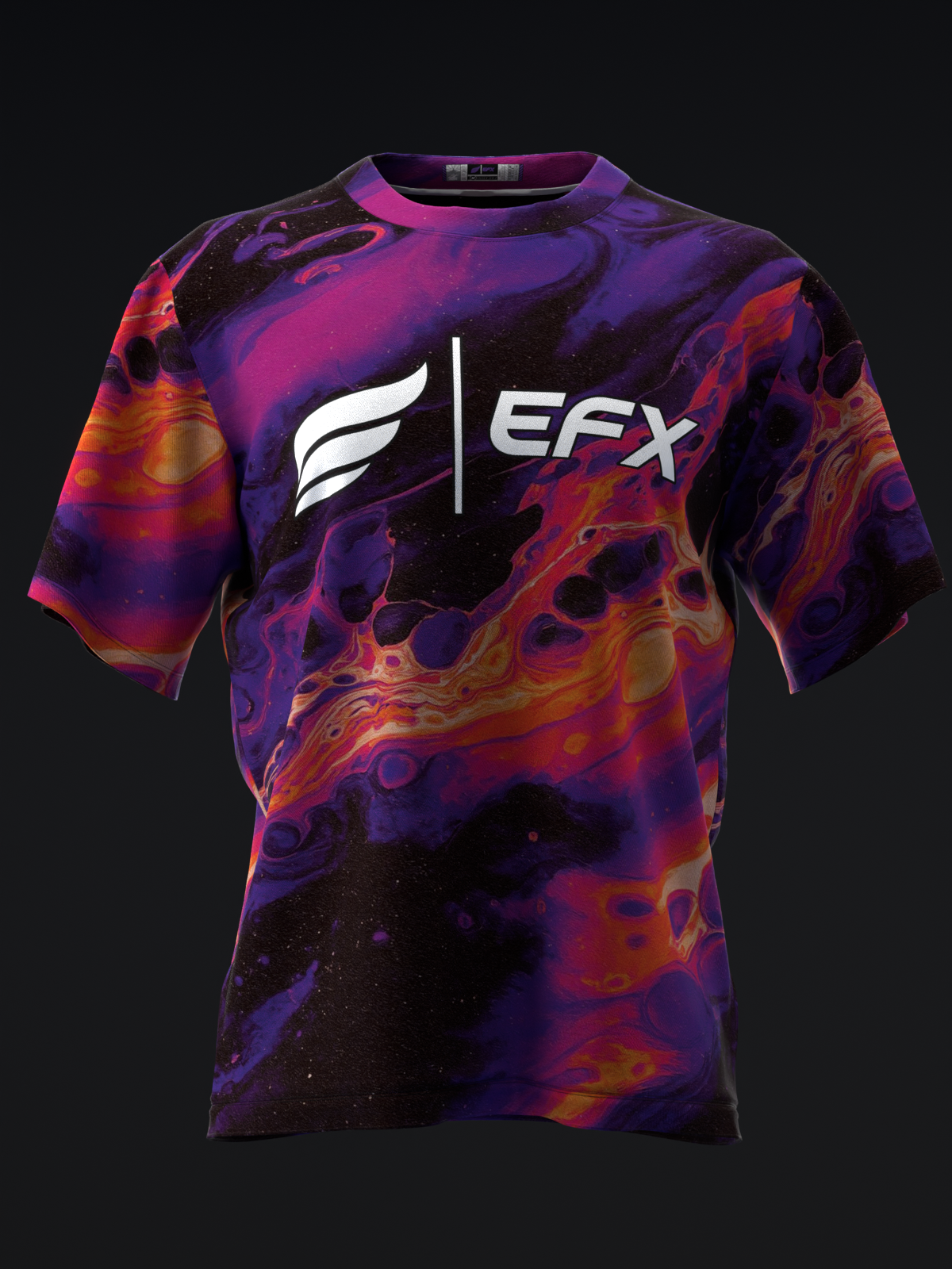 Purple and orange abstract marbled bowling jersey with white EFX logo, front view