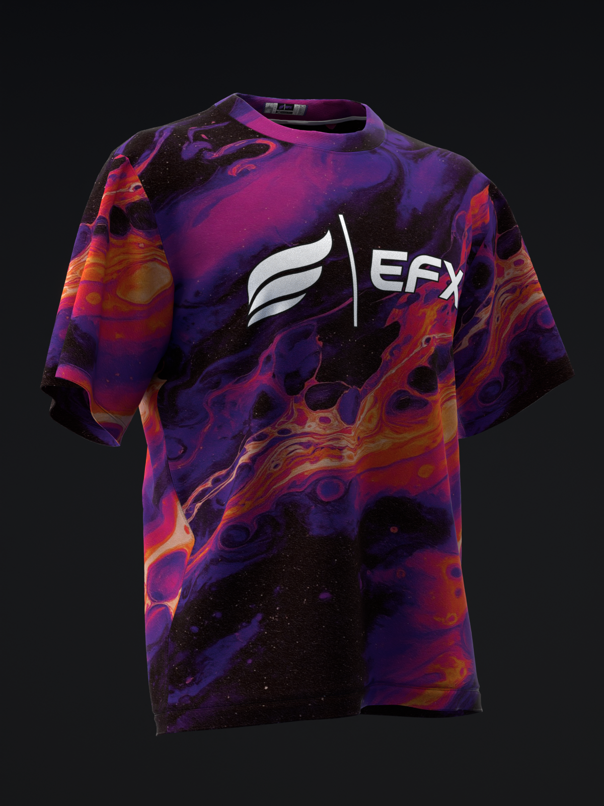 Purple and orange abstract flame bowling jersey front view with EFX logo