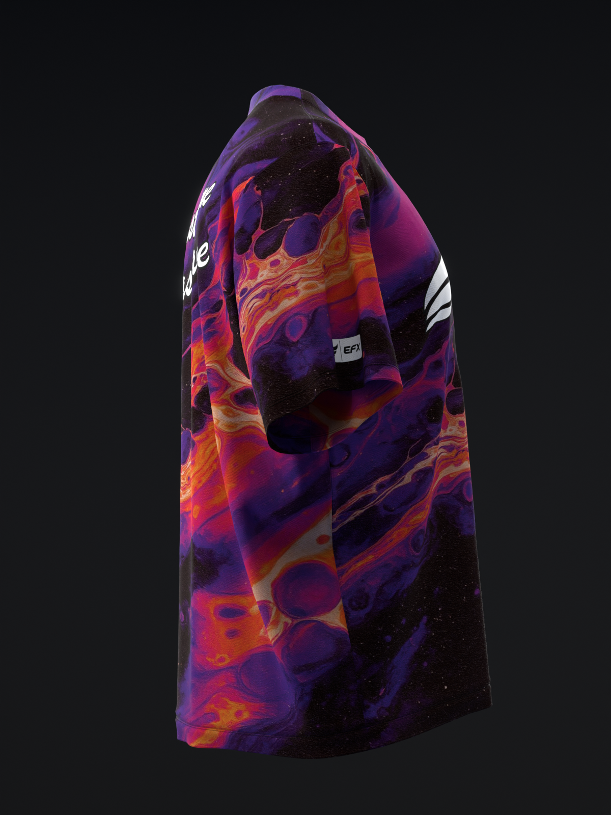 Purple and orange abstract flame pattern bowling jersey, side view