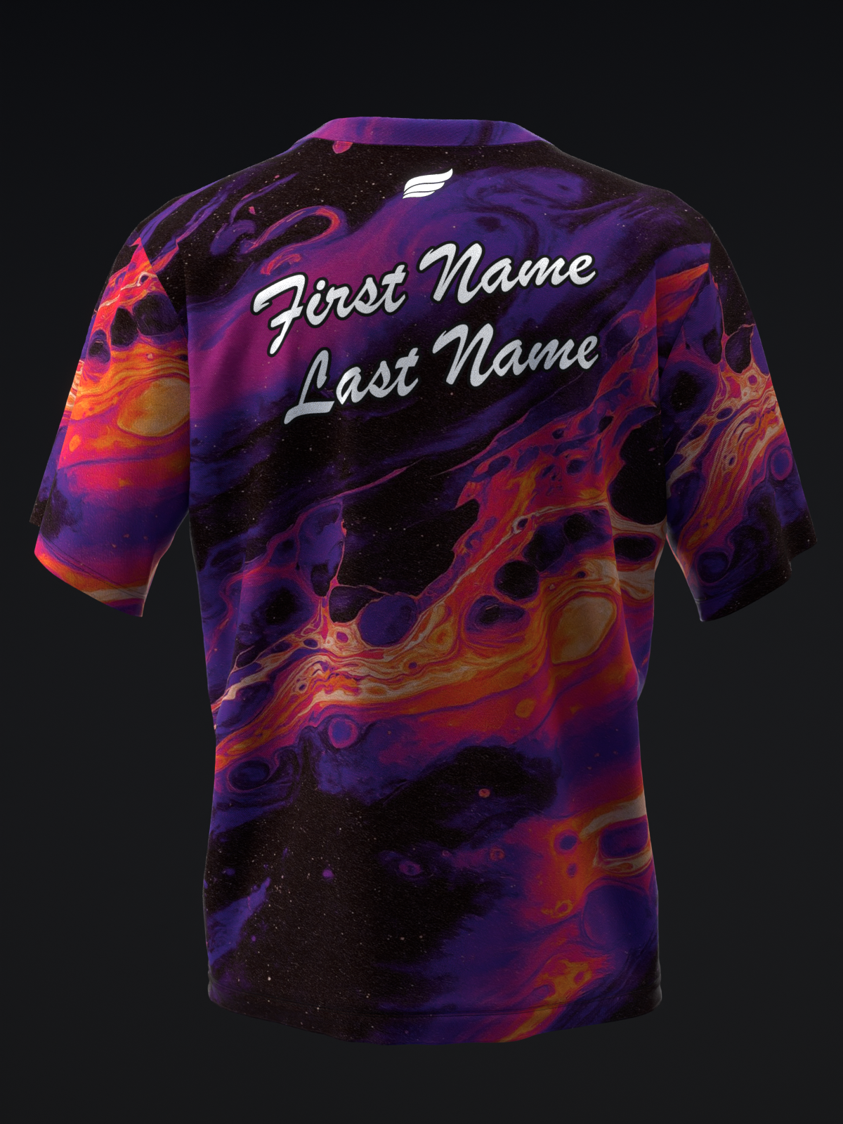 Purple and orange abstract bowling jersey with personalized name text, back view