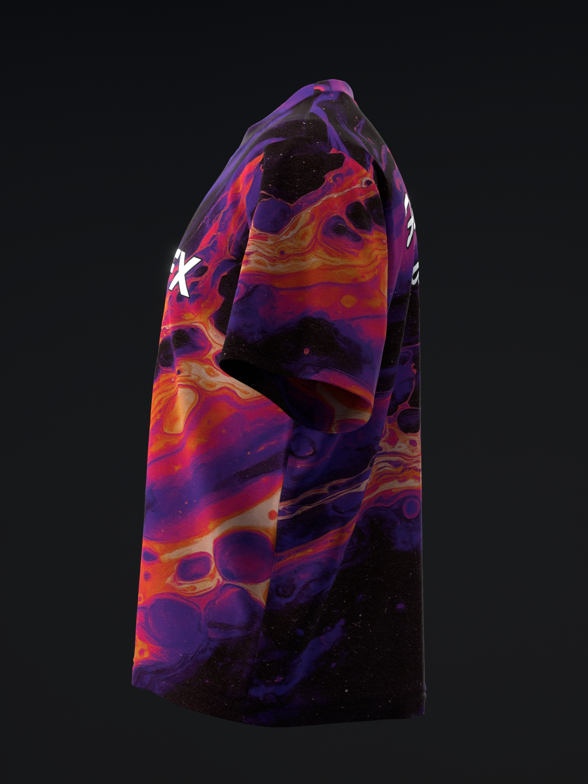 Purple and orange abstract bowling jersey with fluid marble graphic design