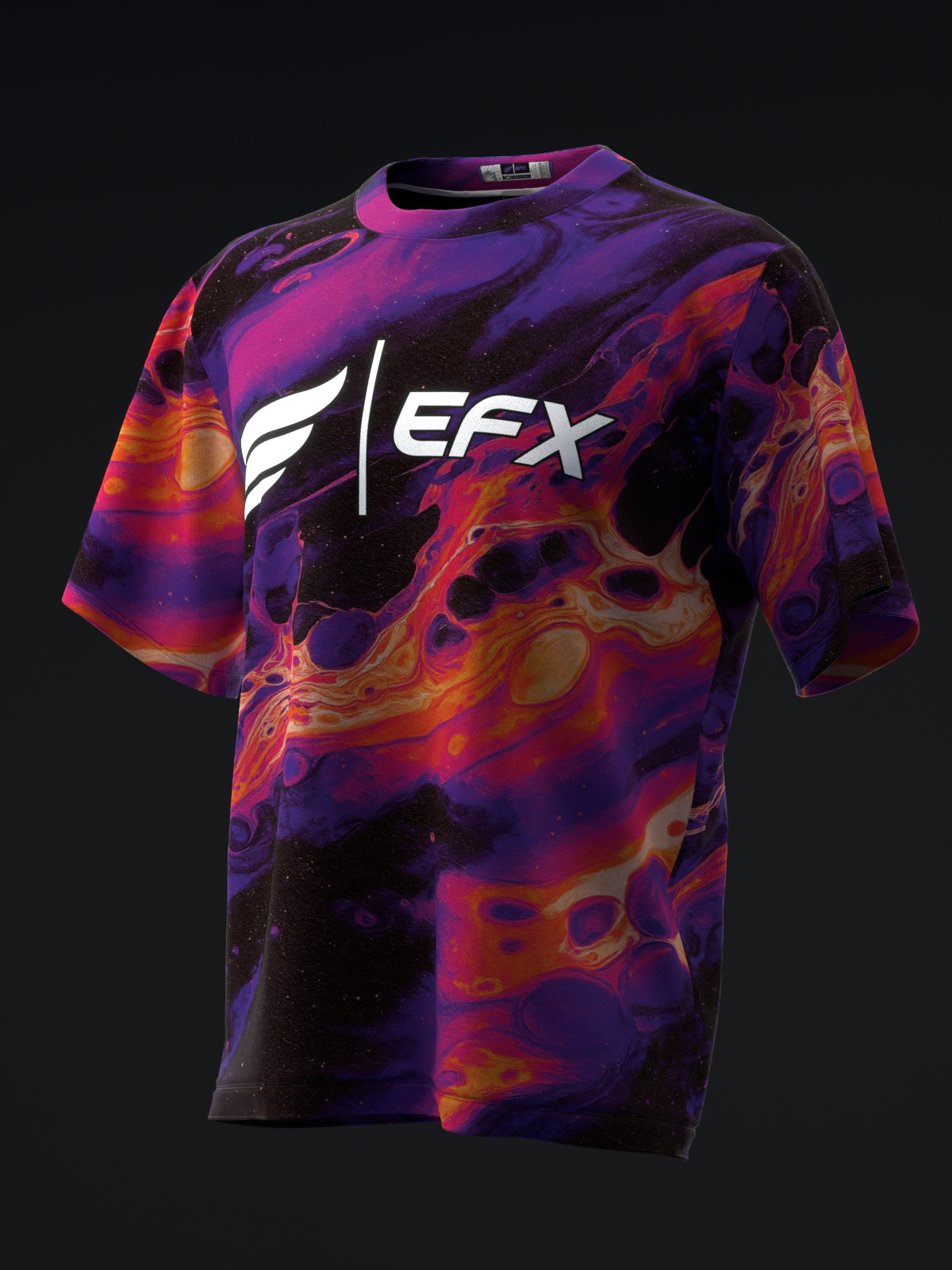 Purple and orange abstract liquid pattern bowling jersey with EFX logo