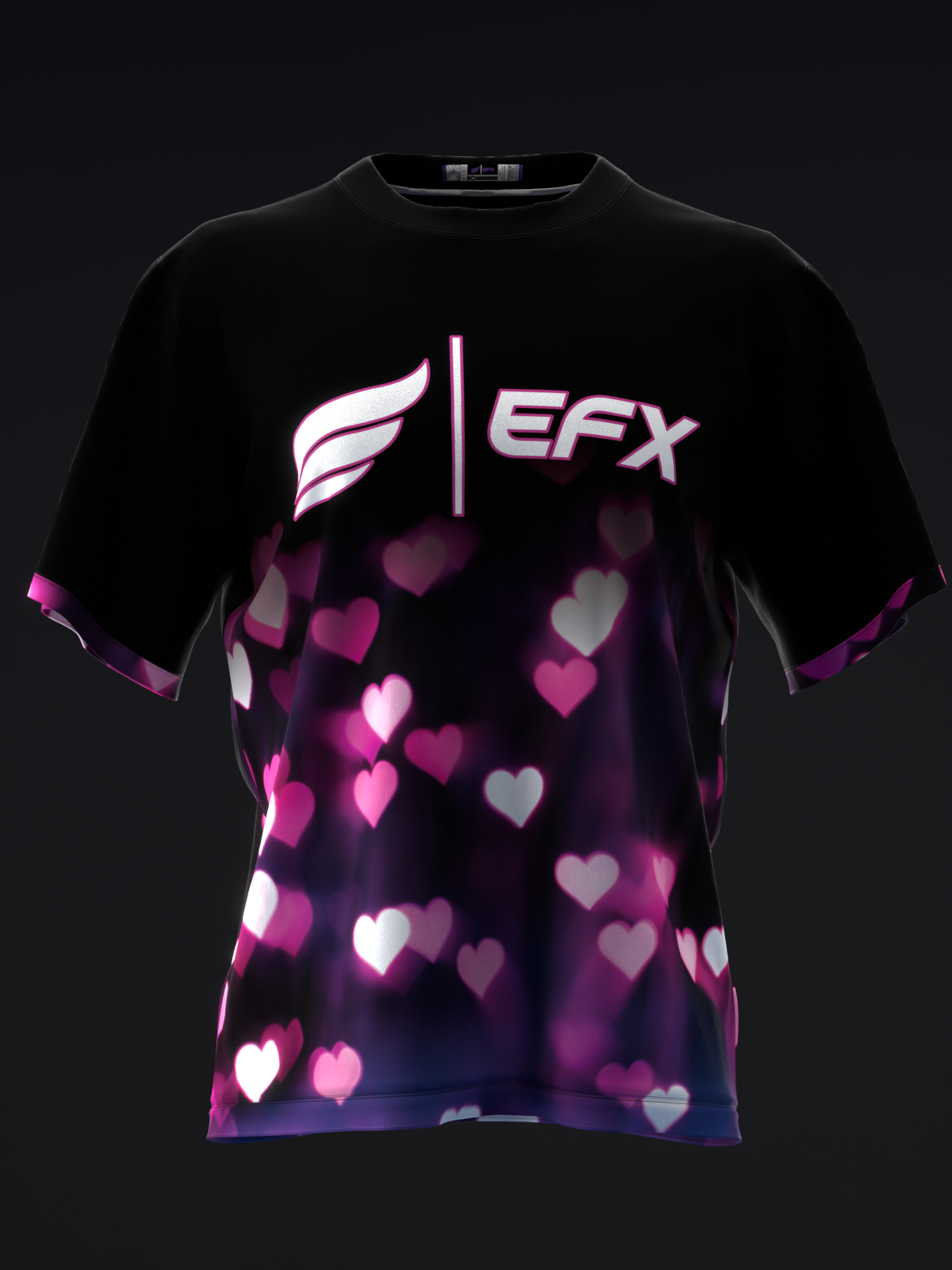 Black bowling jersey with EFX logo and glowing pink heart pattern design