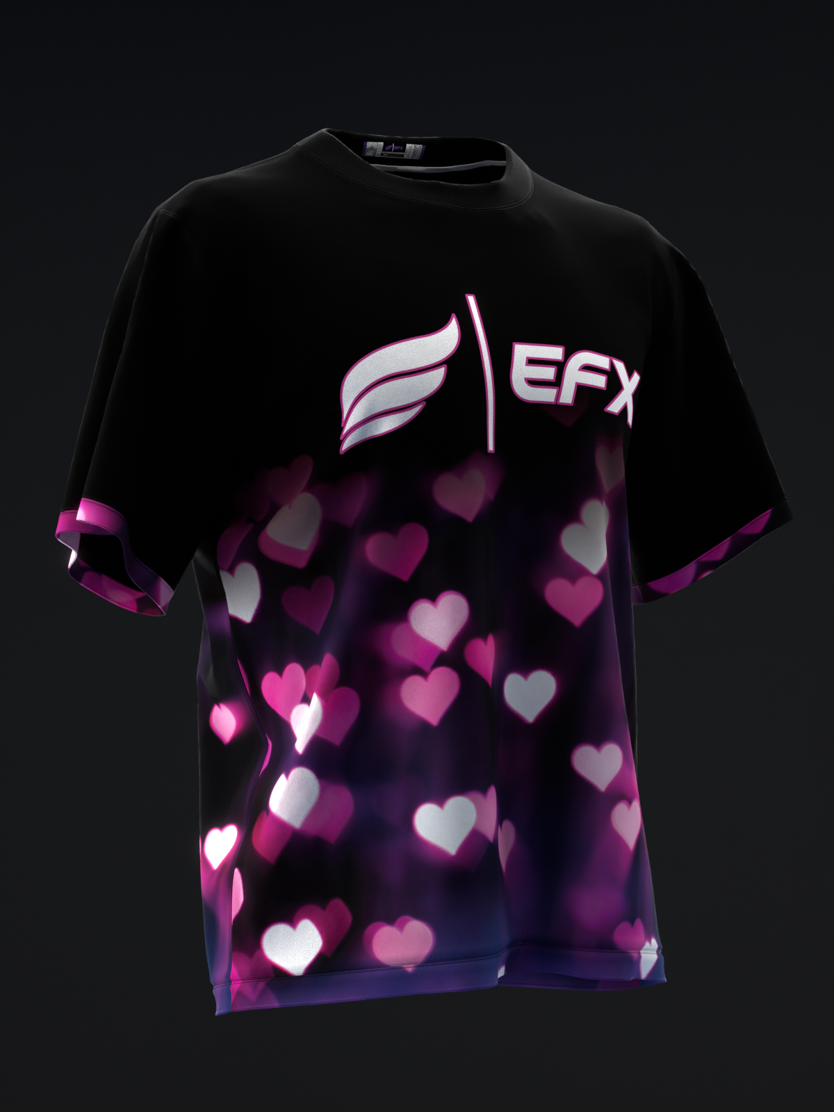 Black bowling jersey with glowing pink and white hearts design on front