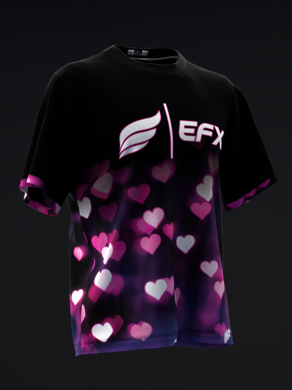 Black bowling jersey with glowing pink and white hearts design on front