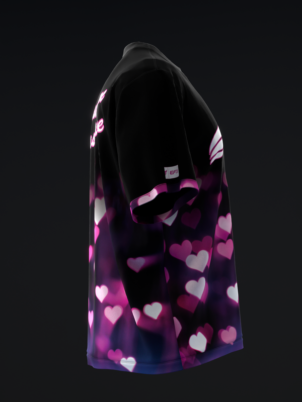 Black bowling jersey with pink and white heart pattern throughout