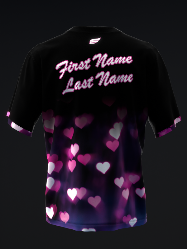 Black bowling jersey with pink neon text and glowing heart pattern on back