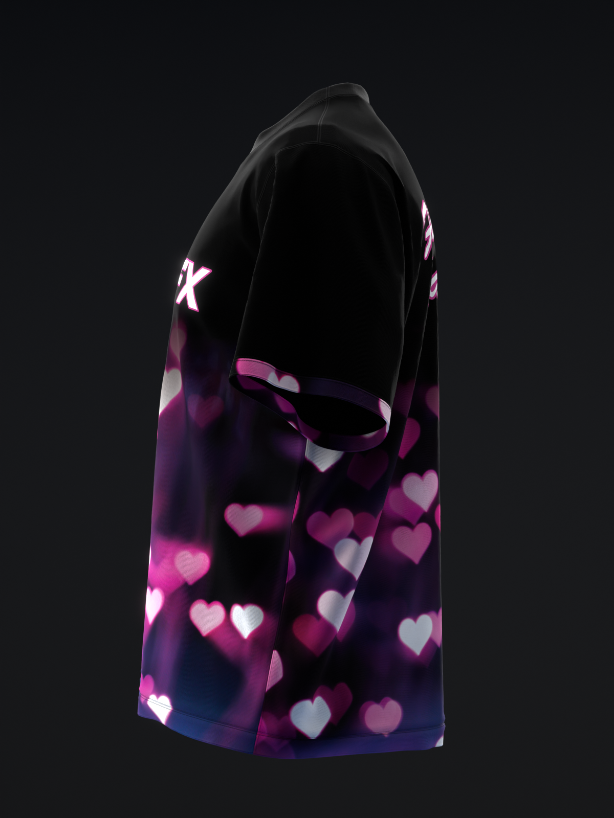 Black bowling jersey with pink and white heart pattern design, side view