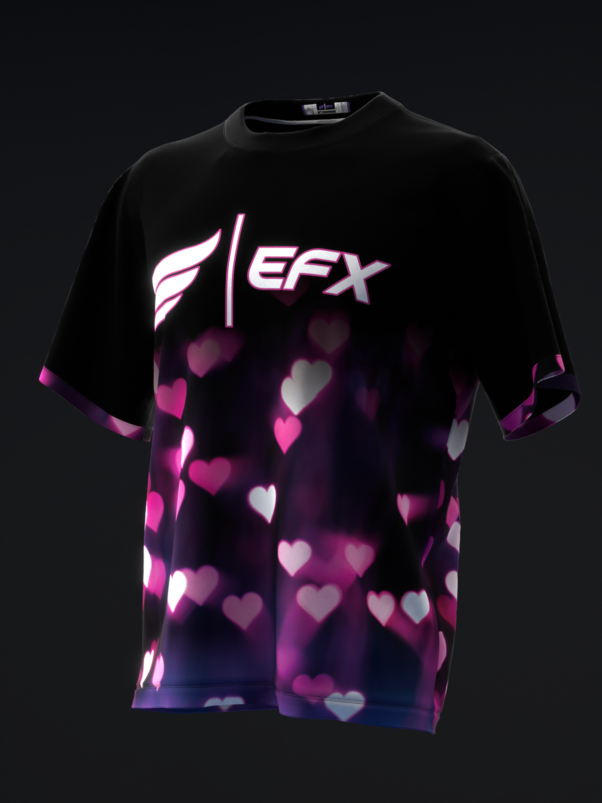 Black bowling jersey with glowing pink and white hearts design and EFX logo