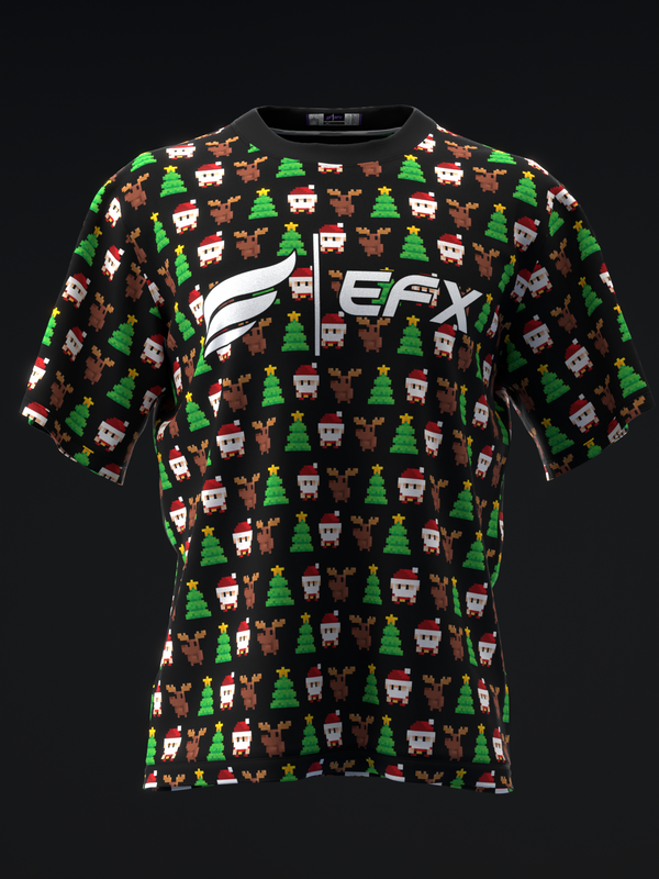 Black bowling jersey with pixel-art Christmas pattern and EFX logo front view