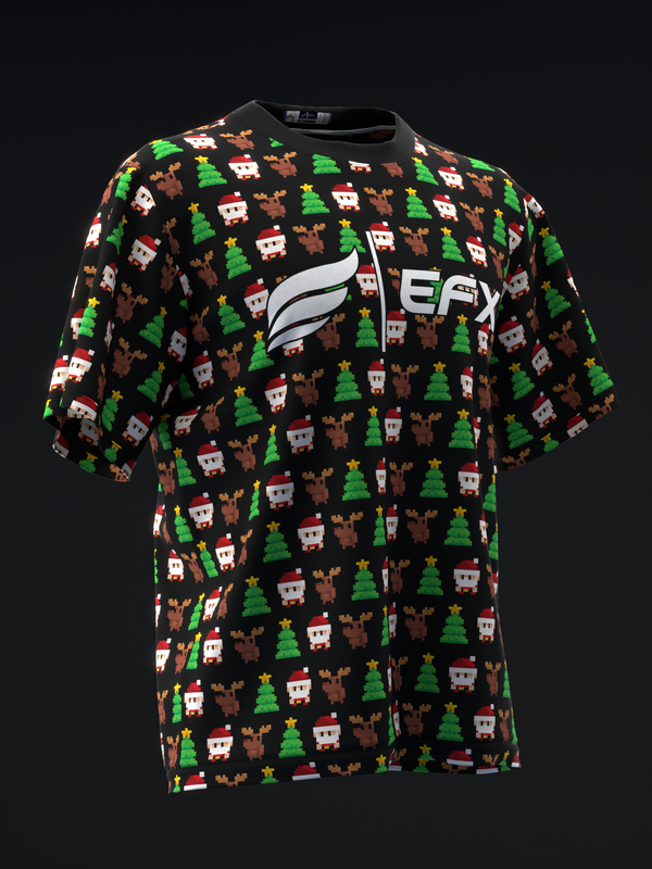 Black bowling jersey with pixel art Christmas pattern featuring reindeer, trees, and Santa heads