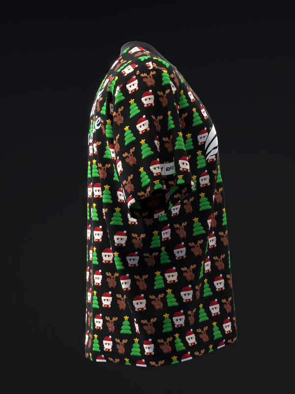 Black bowling jersey with pixel-art Christmas pattern featuring Santa, reindeer, and trees