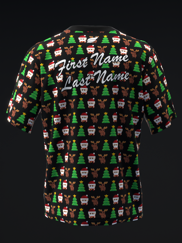 Black bowling jersey with pixel Christmas pattern and personalized name text on back