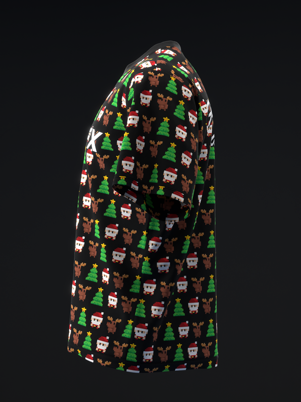 Black bowling jersey with pixel-art Christmas pattern featuring Santa, reindeer, and trees