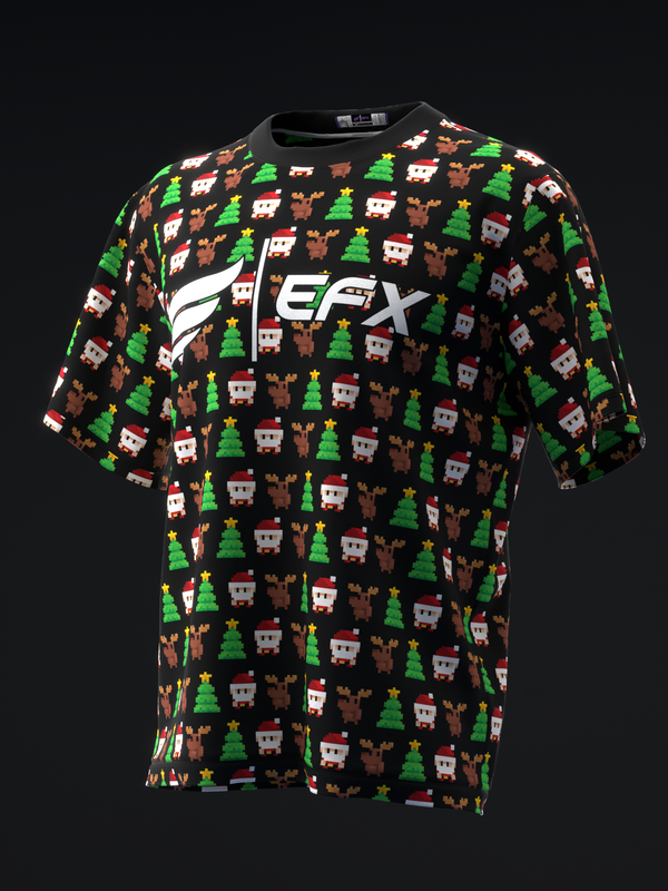 Black bowling jersey with pixel-art Christmas pattern and white EFX logo, front view