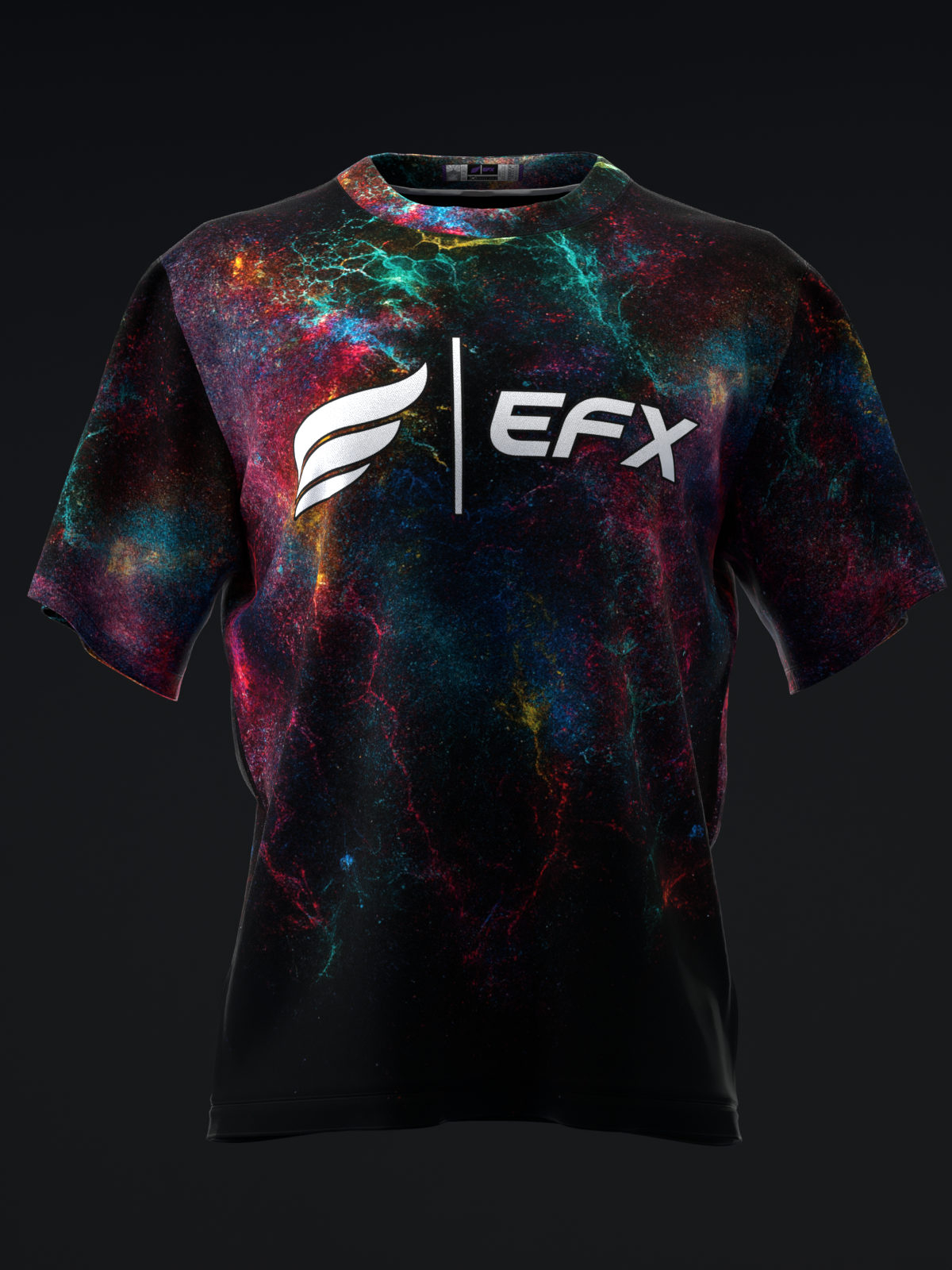 Black bowling jersey with vibrant nebula galaxy print and EFX logo