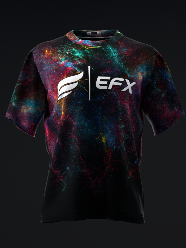 Black bowling jersey with vibrant nebula galaxy print and EFX logo