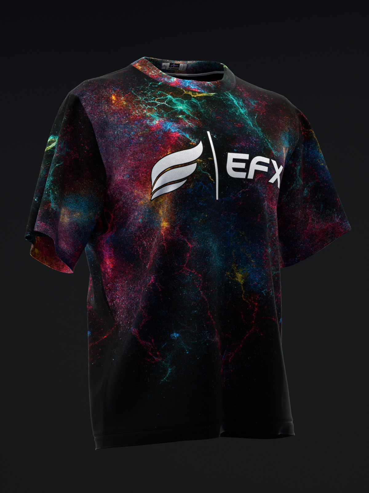 Black bowling jersey with vibrant multicolor cosmic splatter pattern and EFX logo