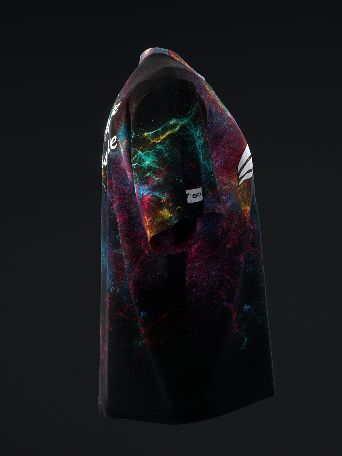 Black bowling jersey with multicolored cosmic splatter graphic design, front view