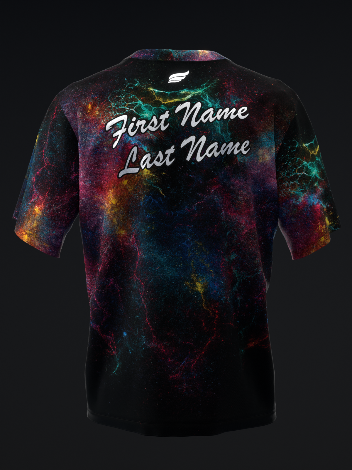 Black bowling jersey with multicolored cosmic splatter design and personalization text