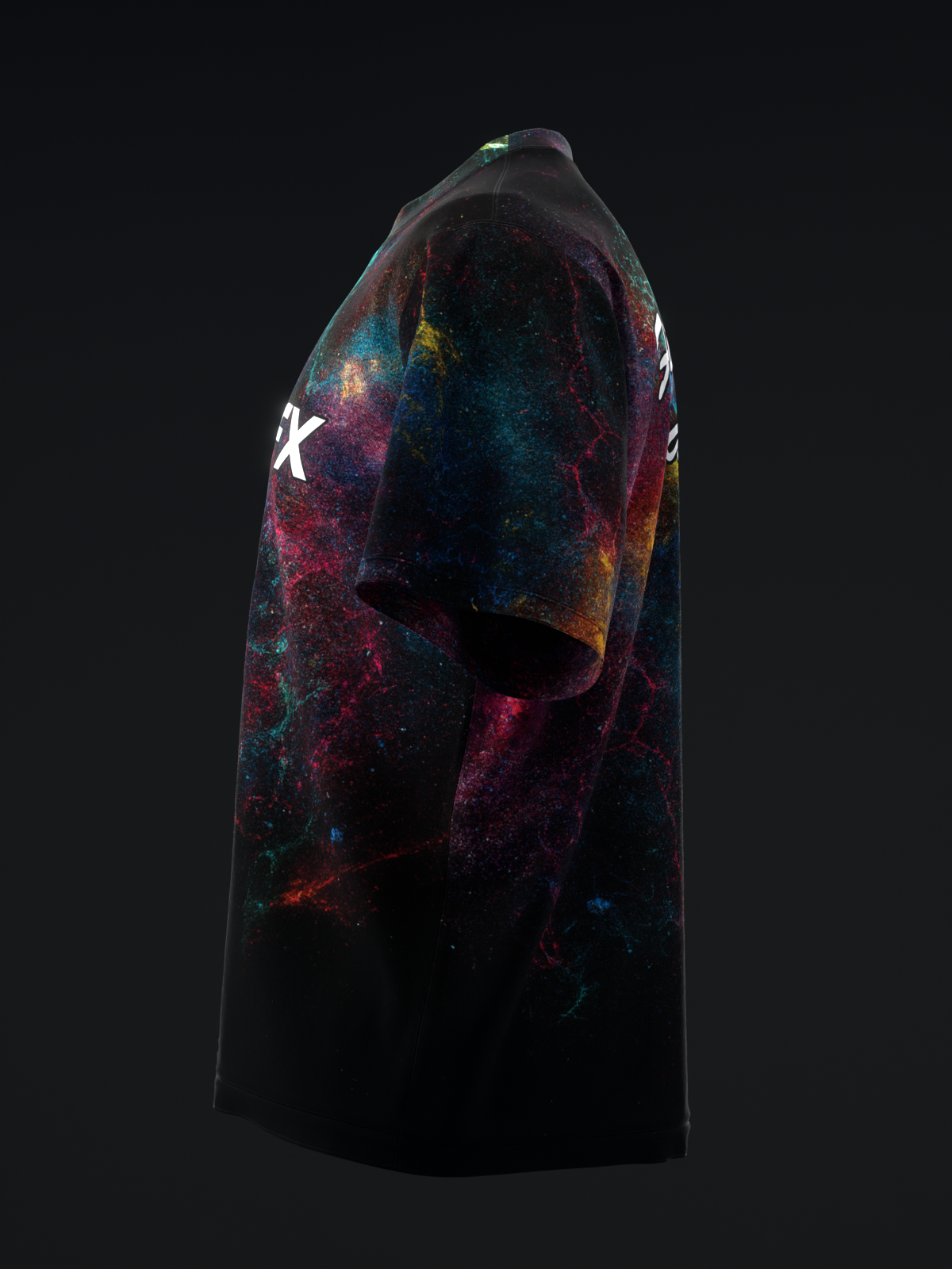 Black bowling jersey with multicolored splatter pattern and white star graphic